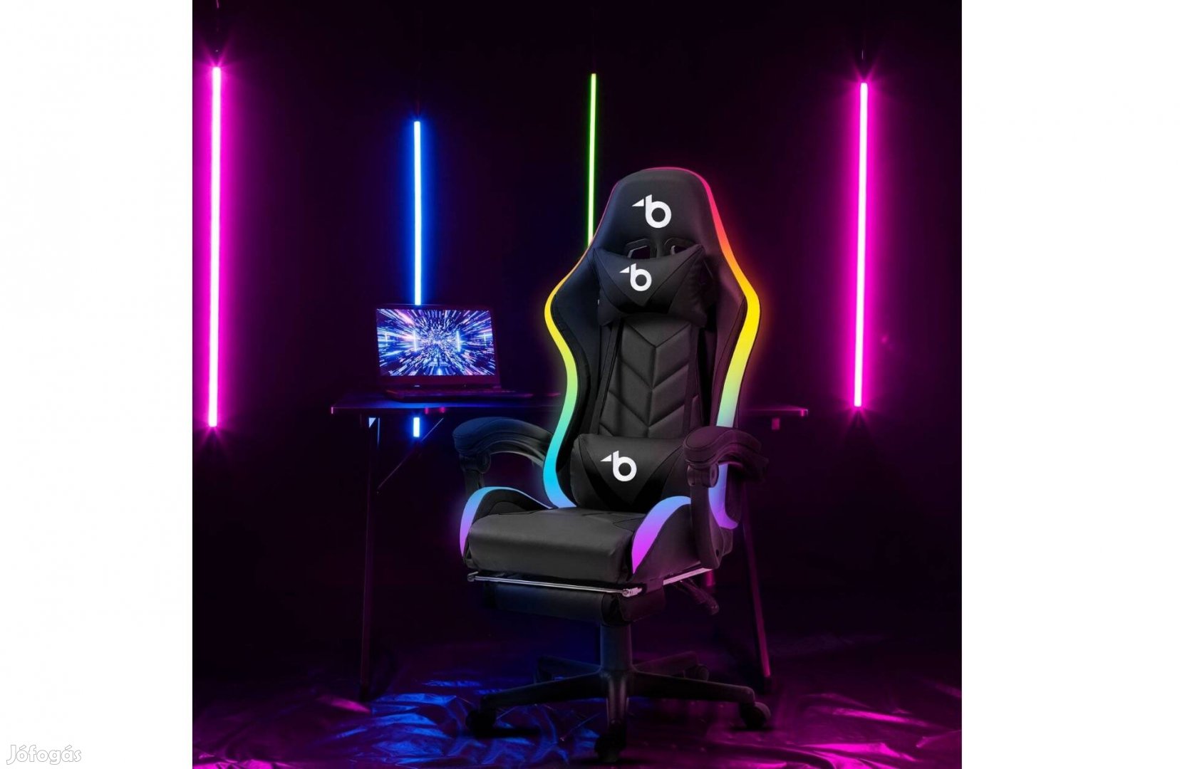 RGB LED-es gamer szék - karfával, párnával - fekete