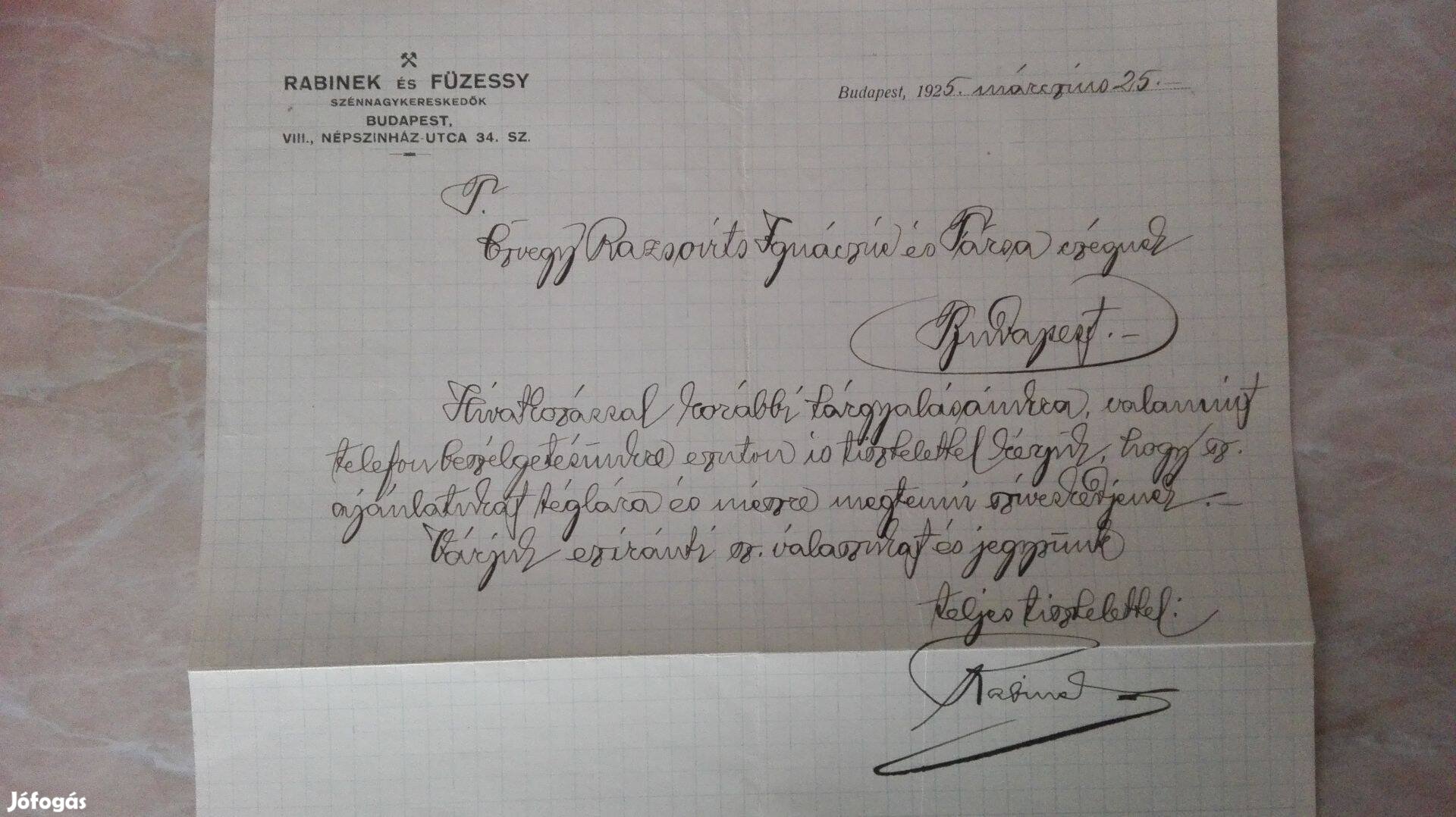 Rabinek és Füzessy Szénnagykereskedők 1925-ös üzleti levél