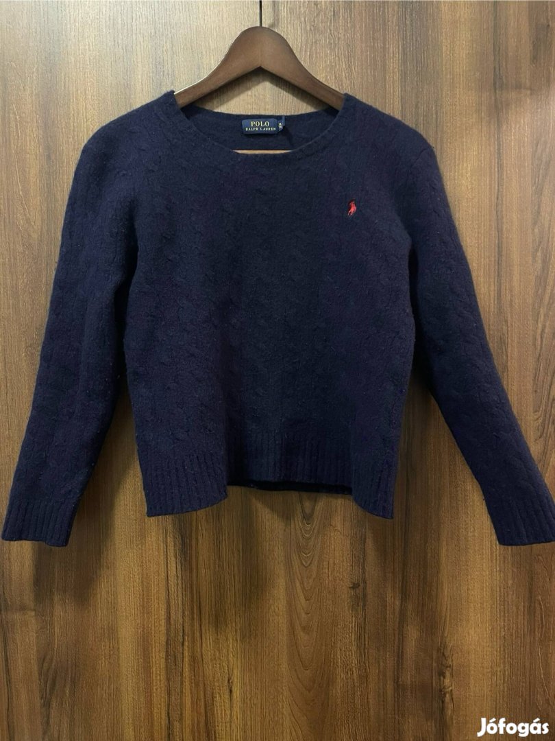 Ralph Lauren sötétkék fonottmintás gyapjú pulóver, XS-S