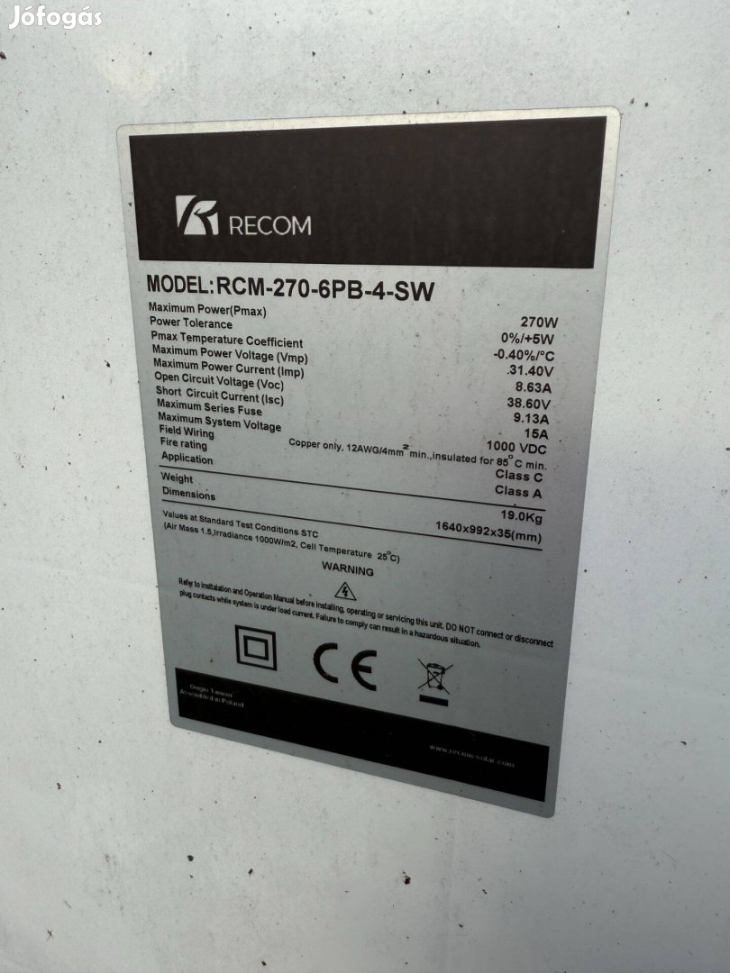 Recom 270 W napelem panel eladó 19 db