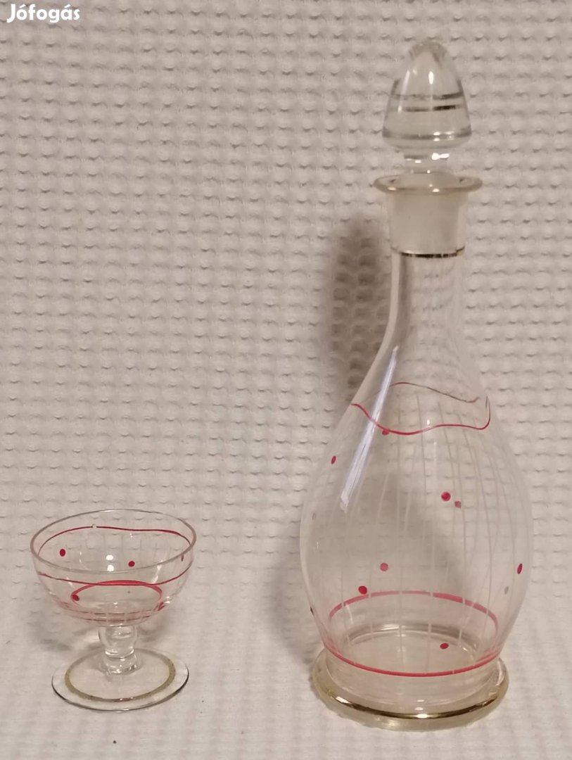 Régi Bájos Piros Pöttyös Likőrös Üveg és Pálinkás Pohár