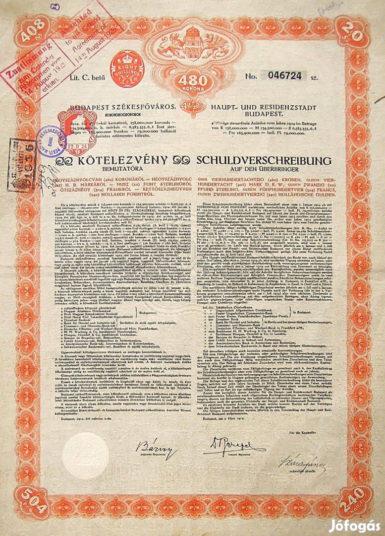 Régi Budapest értékpapír bond 1914