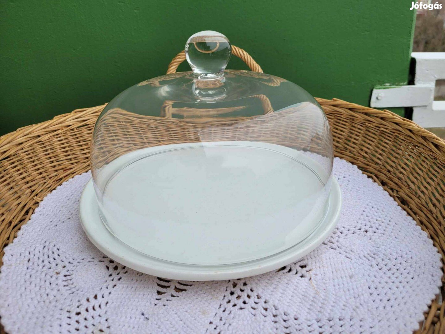Régi Gránit porcelán tálca öntött üveg búrával