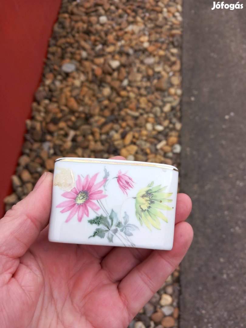 Régi Hollóházi porcelán gyufatartó virág mintás