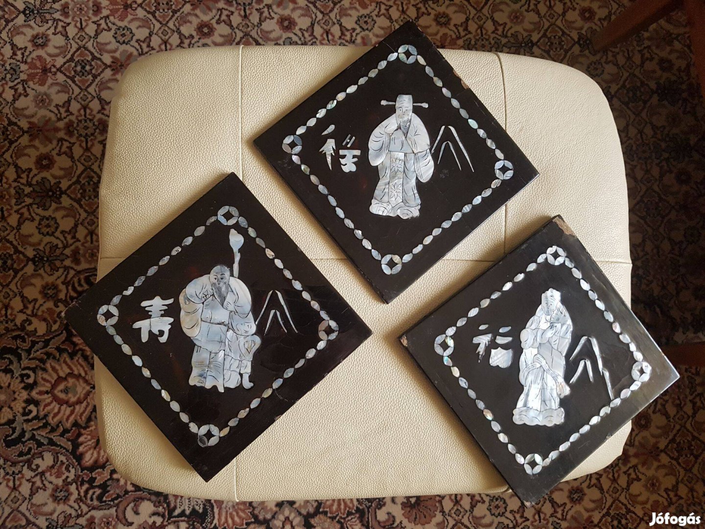 Régi Kínai gyöngyház intarzia dombor berakásos szerencse