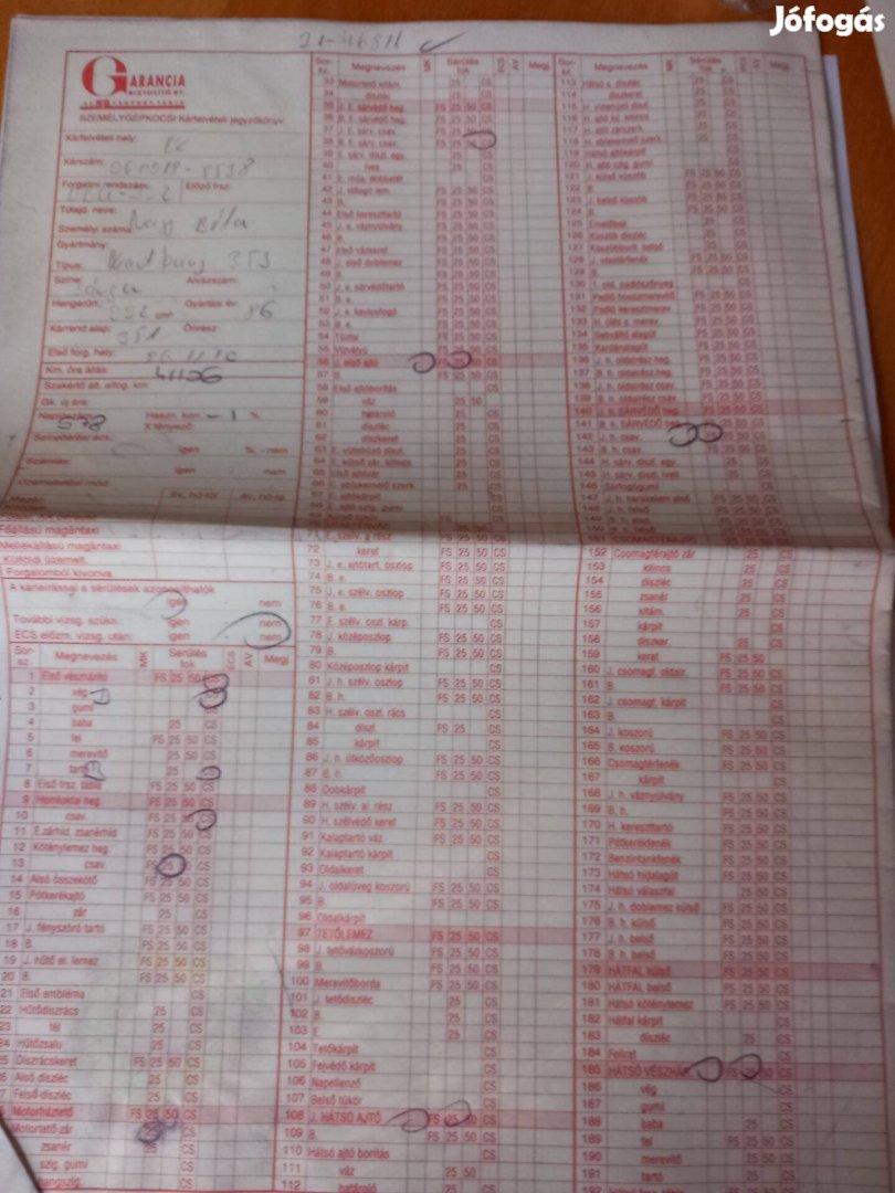 Régi Wartburg 353 biztosítási kárfelvevő és kifizetési irat