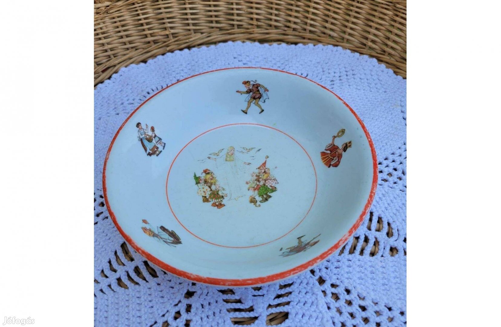 Régi, Zsolnay mesemintás porcelán gyerek leveses tányér -Hófehérke