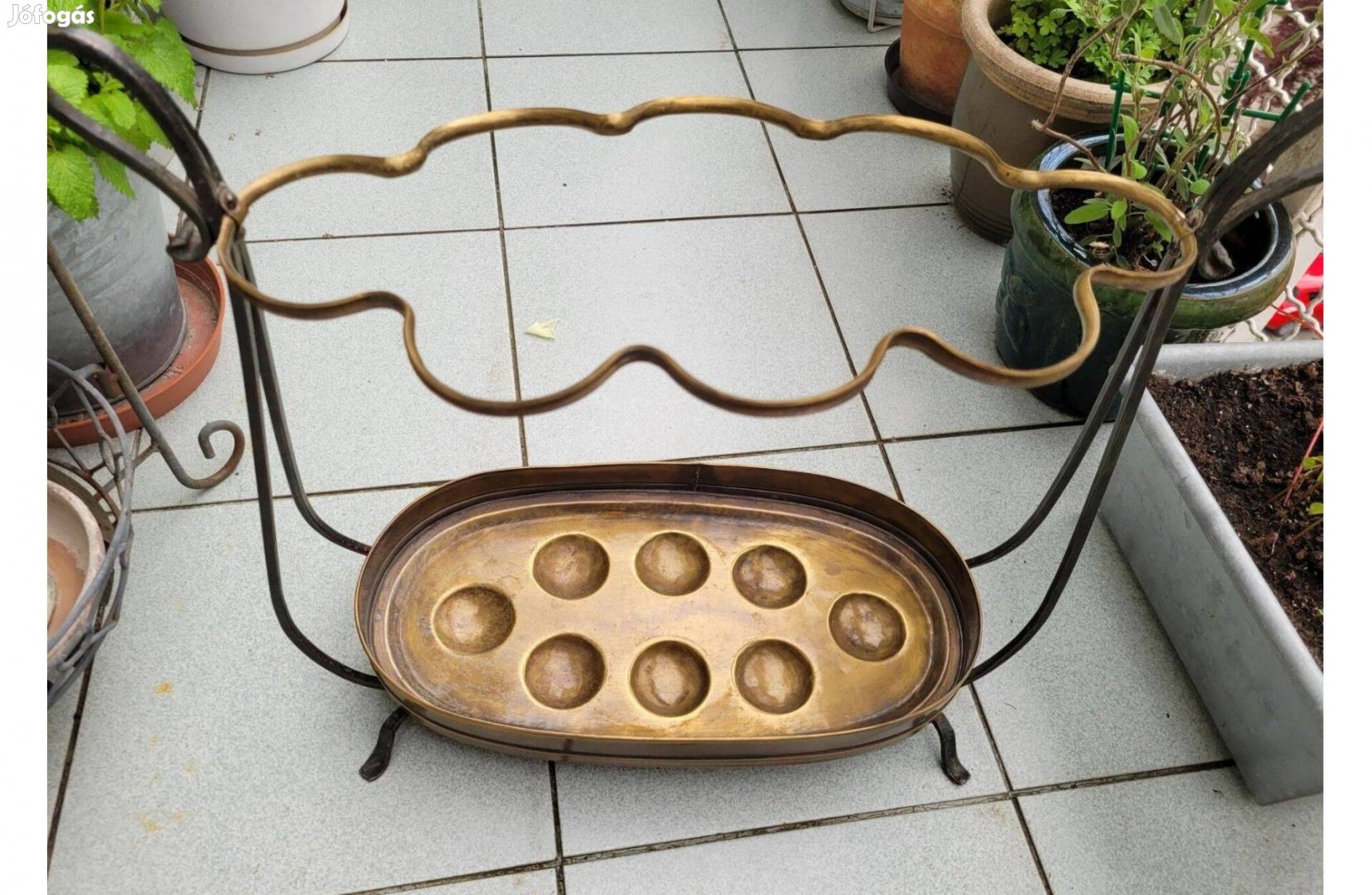 Régi, kovácsoltvas réz tálas esernyő, bot tartó