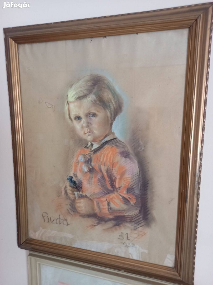 Régi antik aqvarell kislány portré