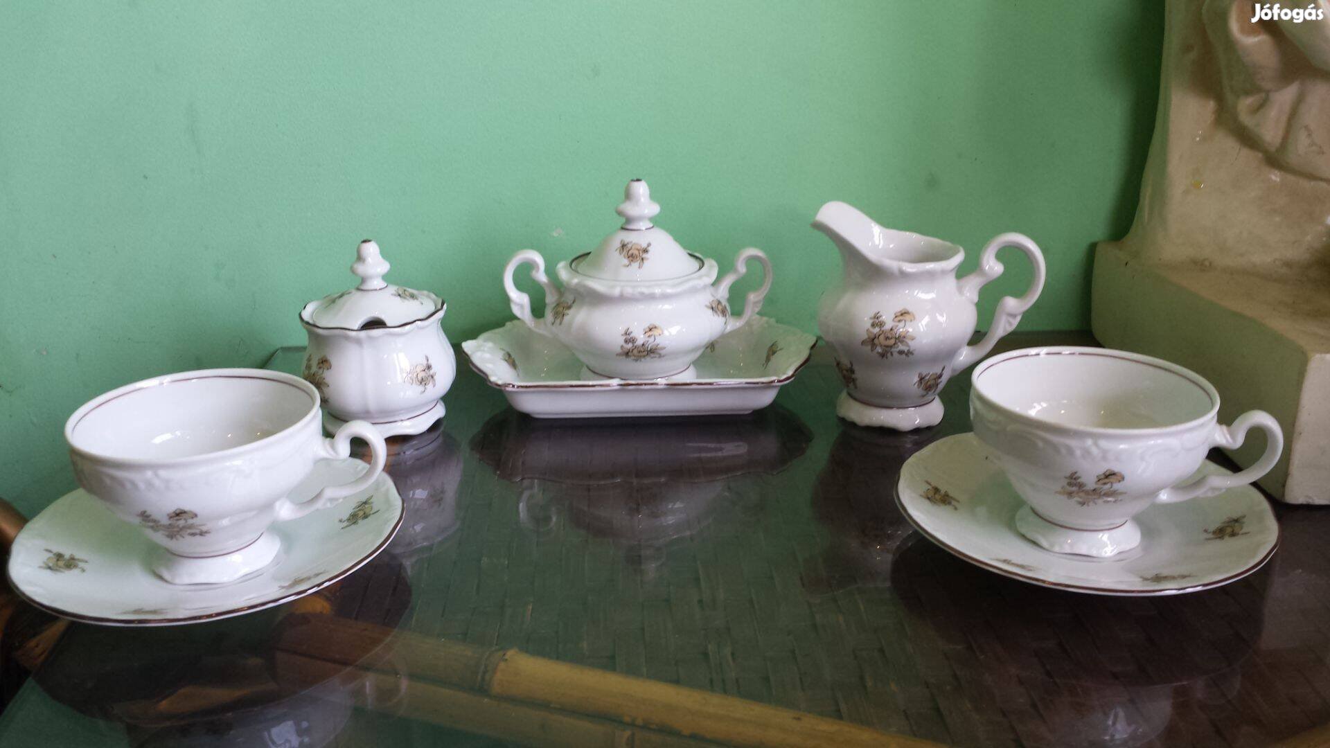 Régi antik de új Weimar porcelán teás kávékészlet bólés kiöntő tálca