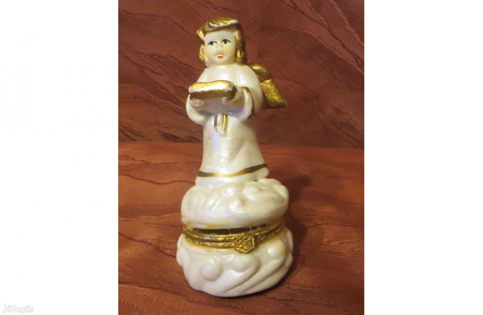 Régi antik kerámia könyvet tartó angyal ékszerdoboz 9 cm