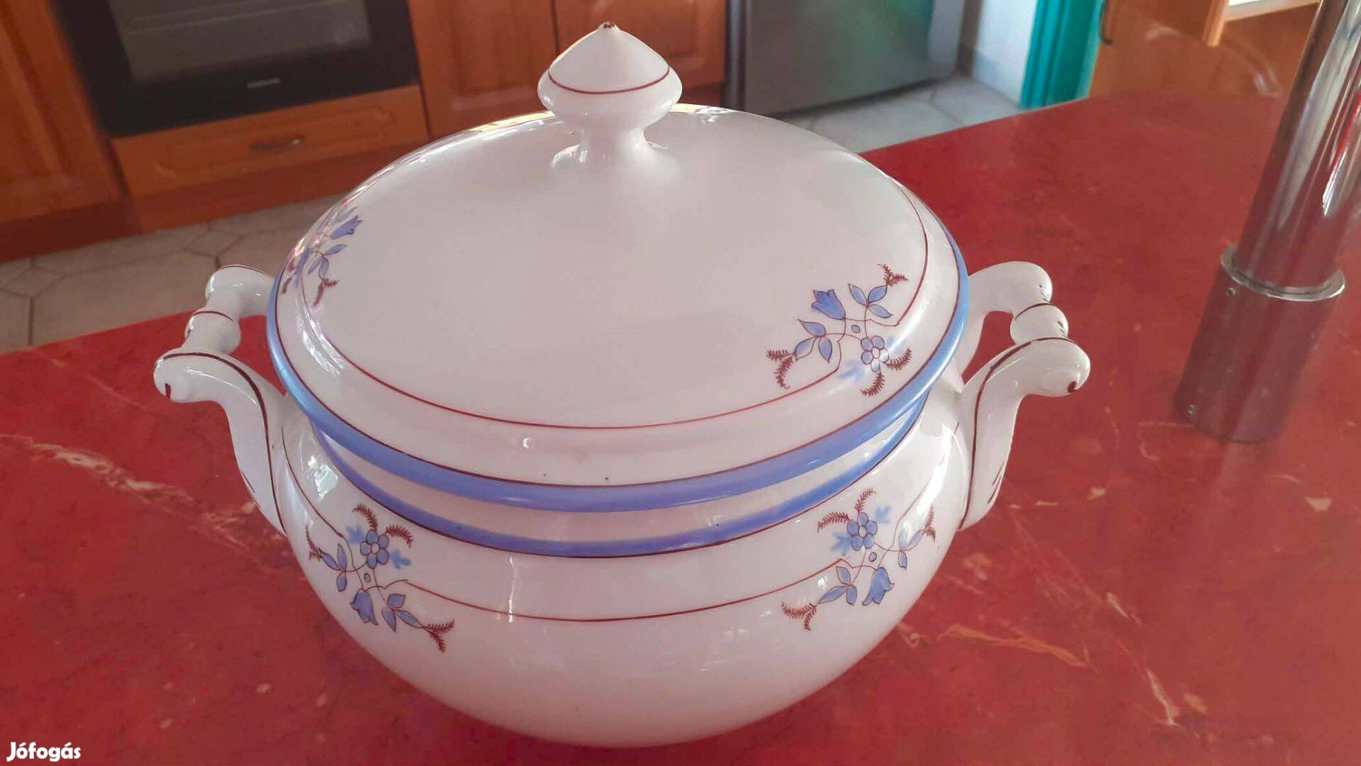 Régi antik porcelán virágos leveses tál népi füles fedeles