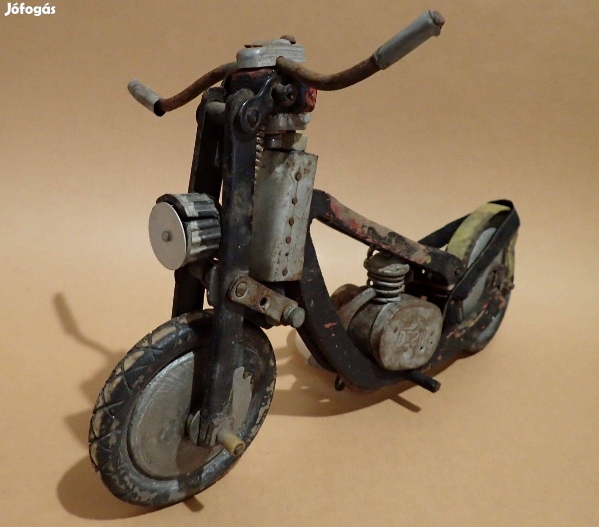Régi antik vintage kézzel készített fa fém motor jármű modell makett