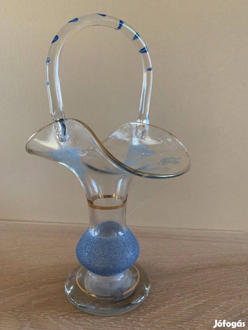 Régi aranyozott, kézzel festett dísz üvegtál kínáló