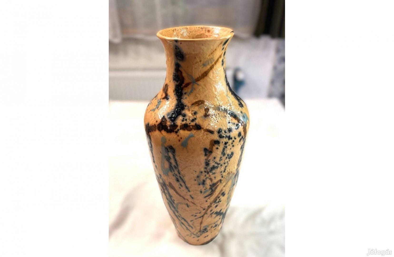 Régi csurgatott mázas barnás kerámia padlóváza, retro padló