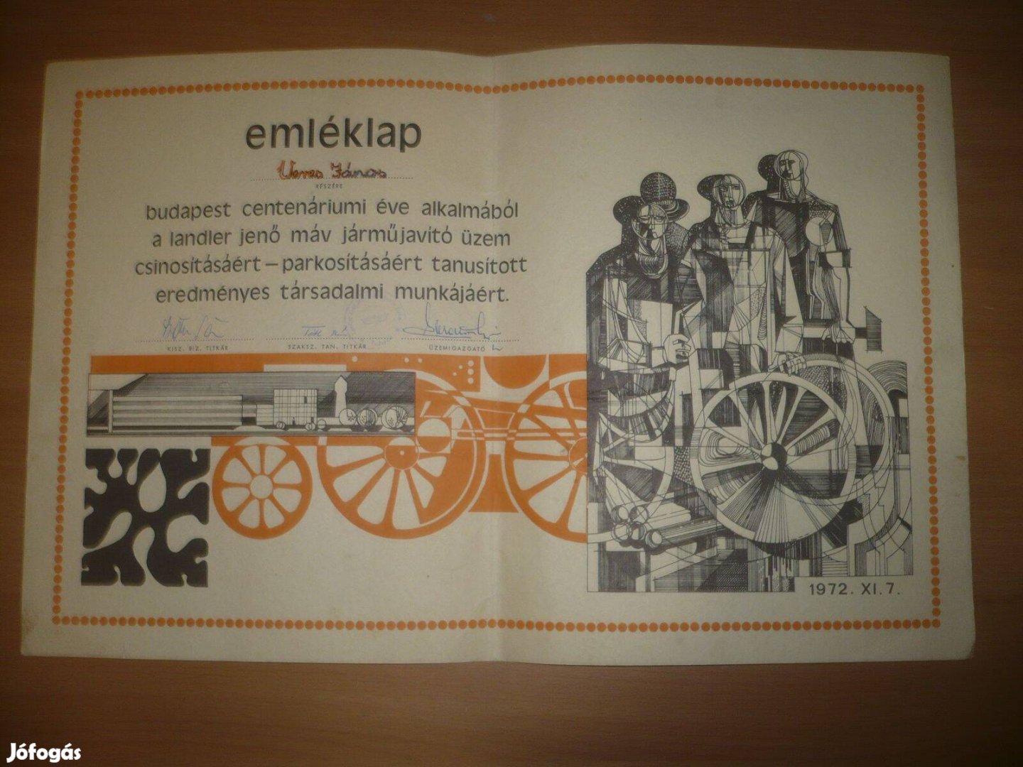 Régi emléklap máv járműjavító társadalmi munka 1972