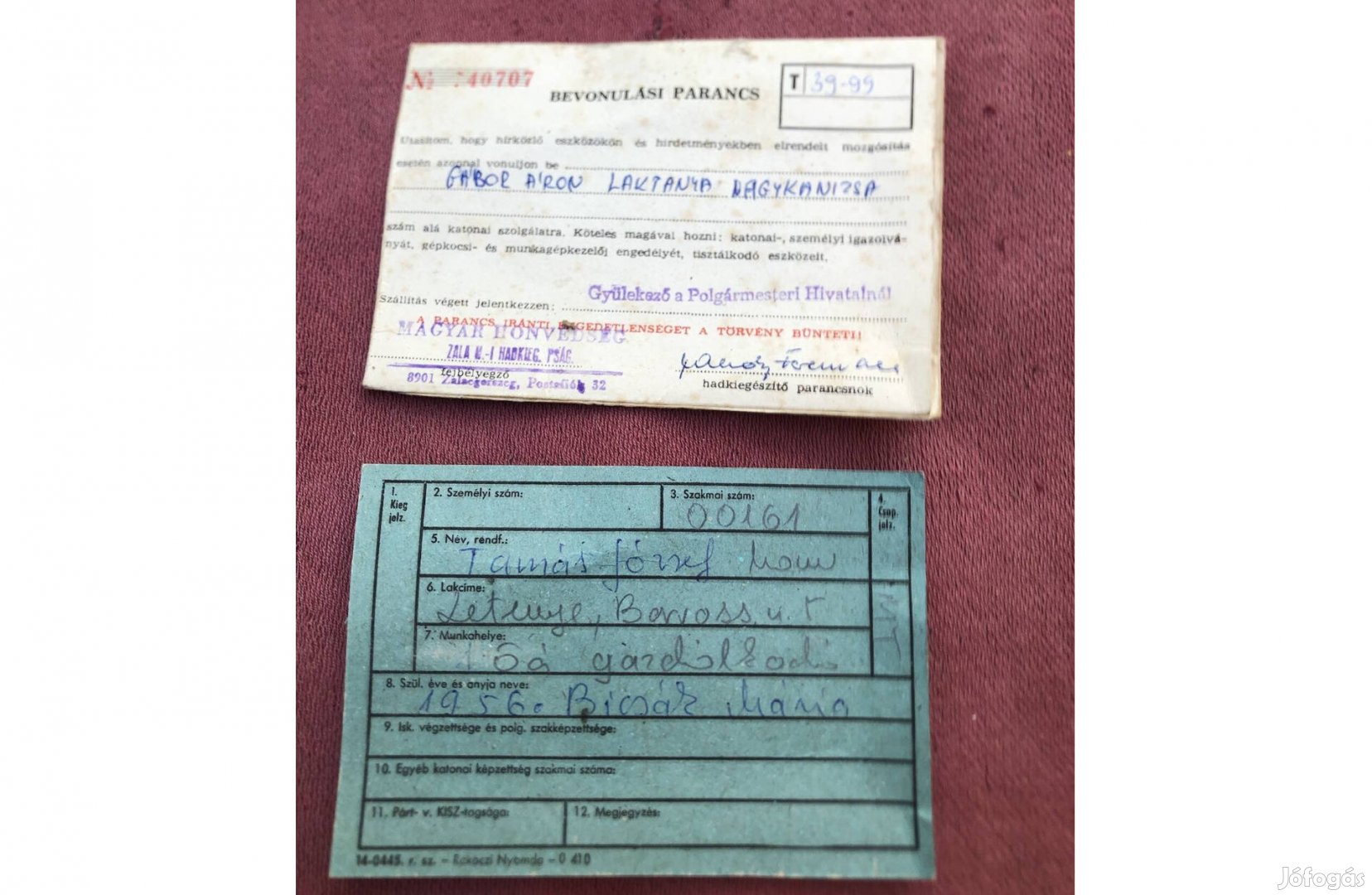 Régi honvédségi bevonulási parancs 1009 Ft db