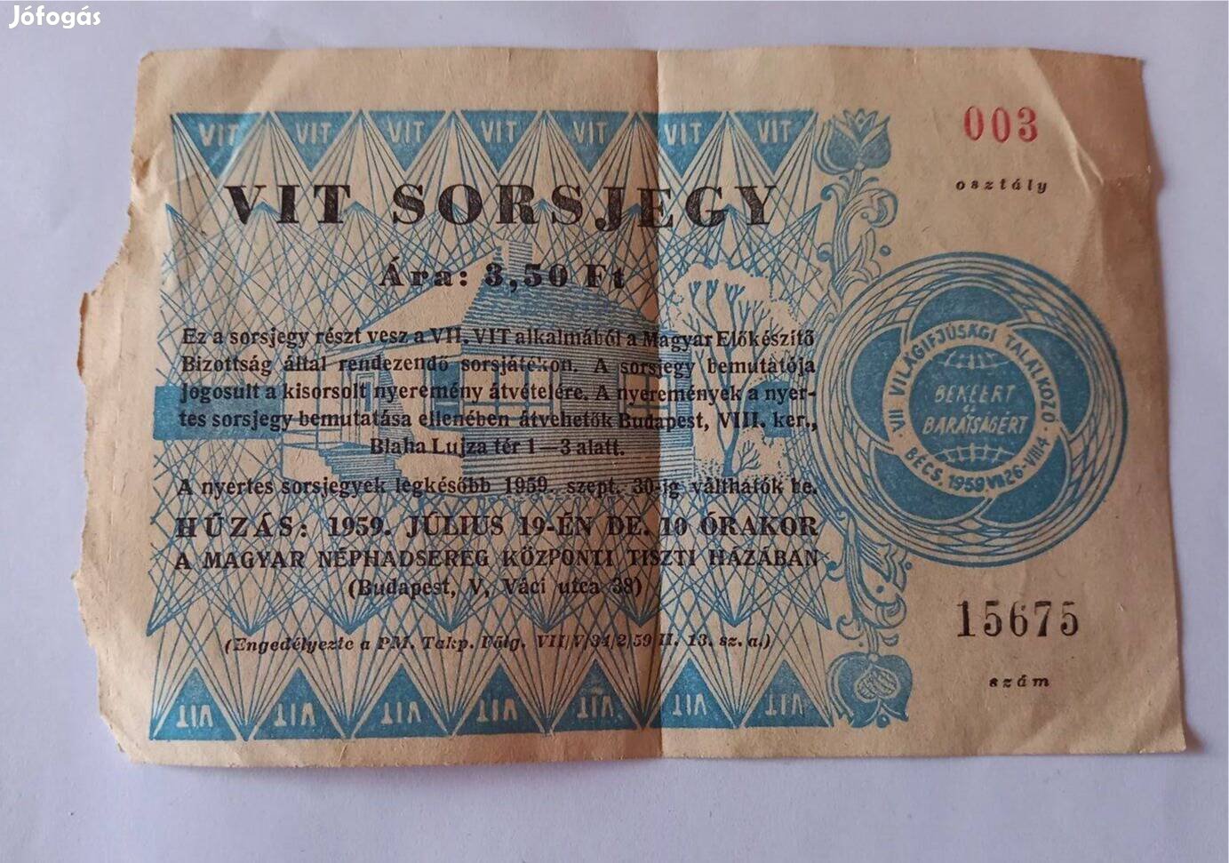 Régi irat, 1959 VIT sorsjegy