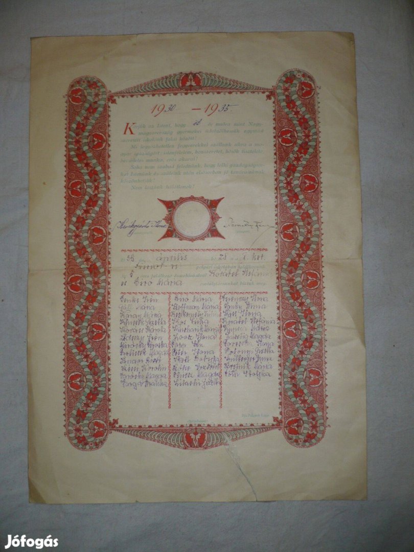 Régi irredenta dokumentum tisztviselő leány iskola 1930-35