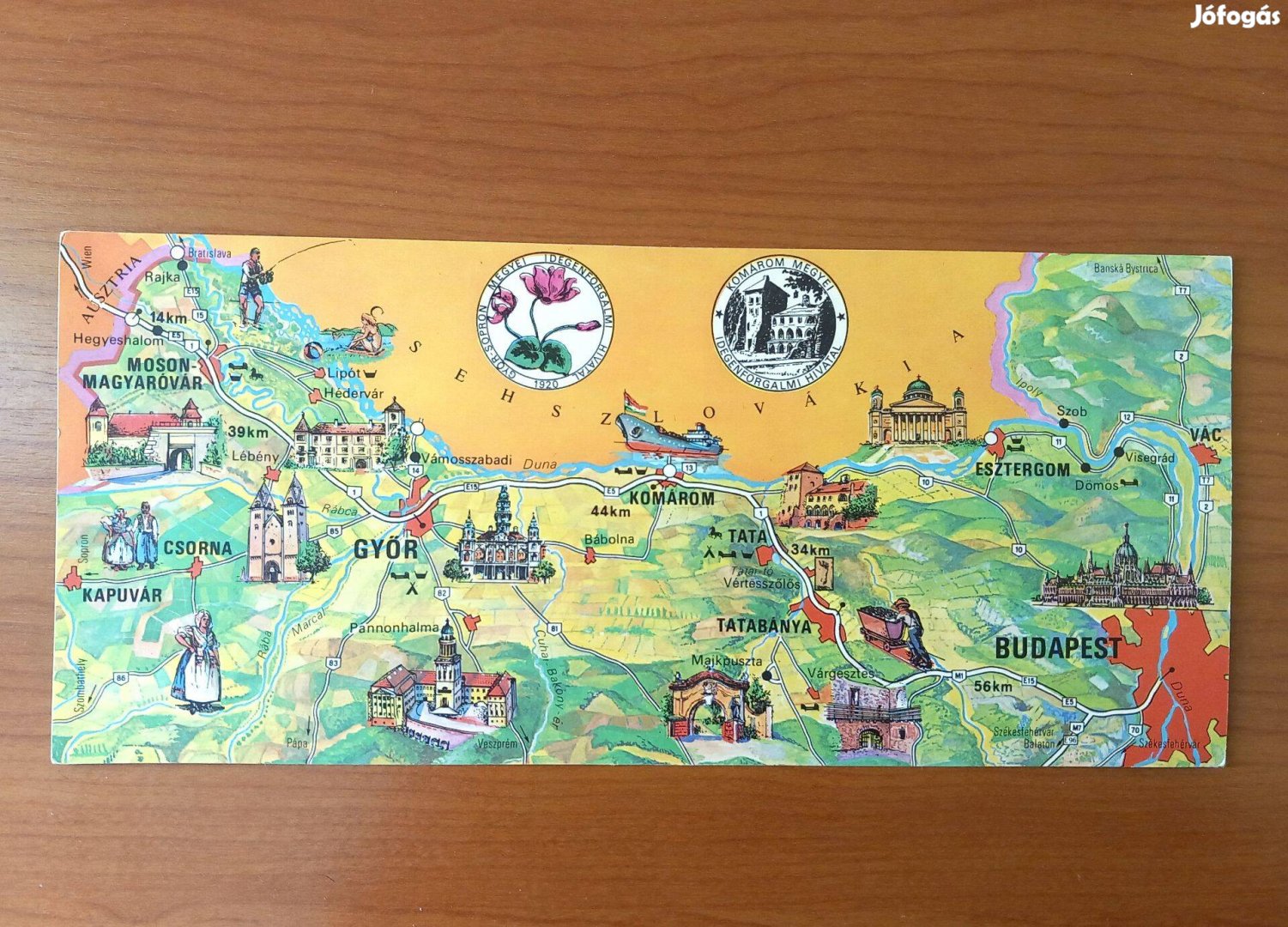 Régi képeslap, térképes Győr - Sopron és Komárom megye 1972