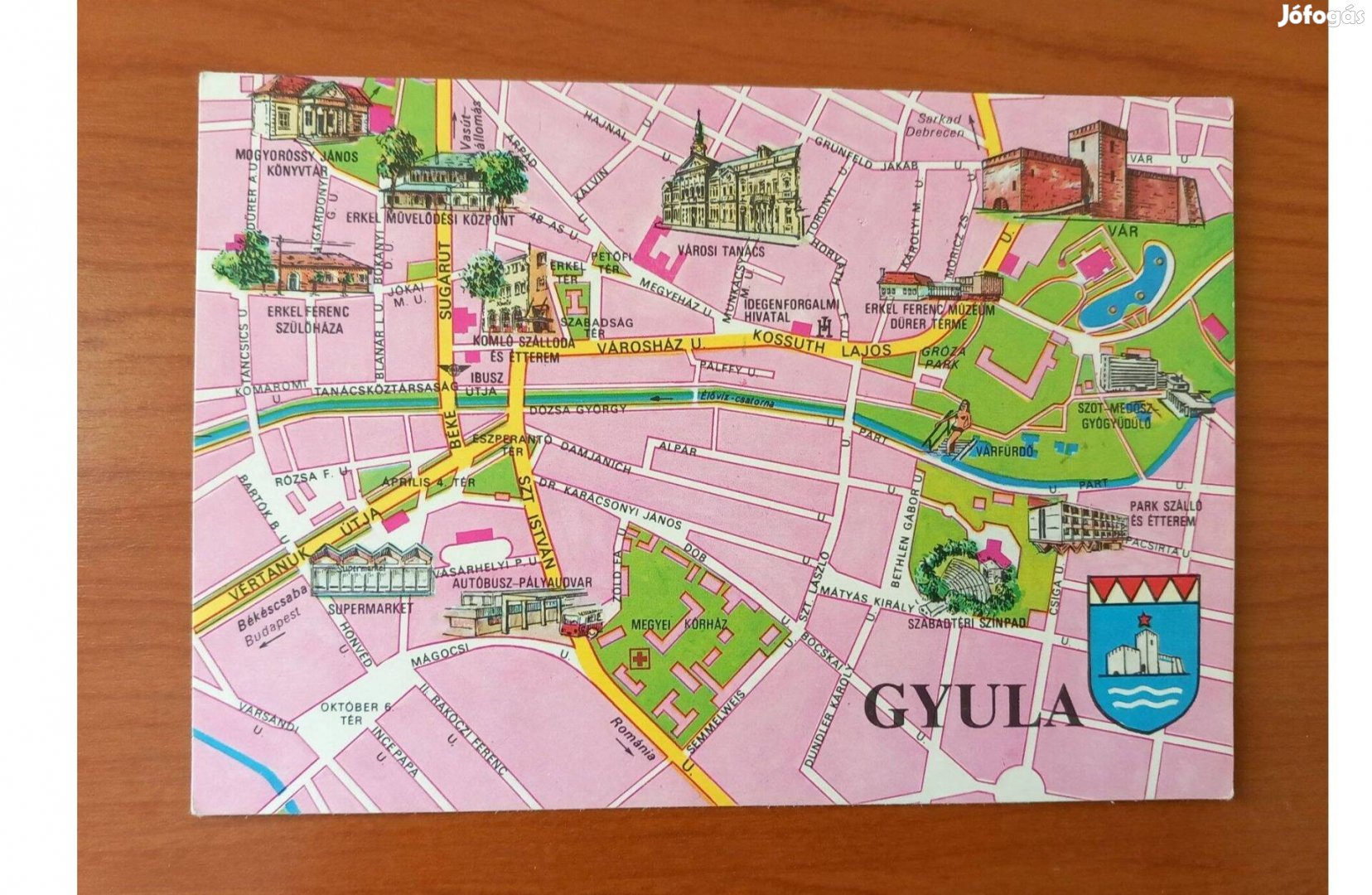 Régi képeslap, térképes Gyula 1972