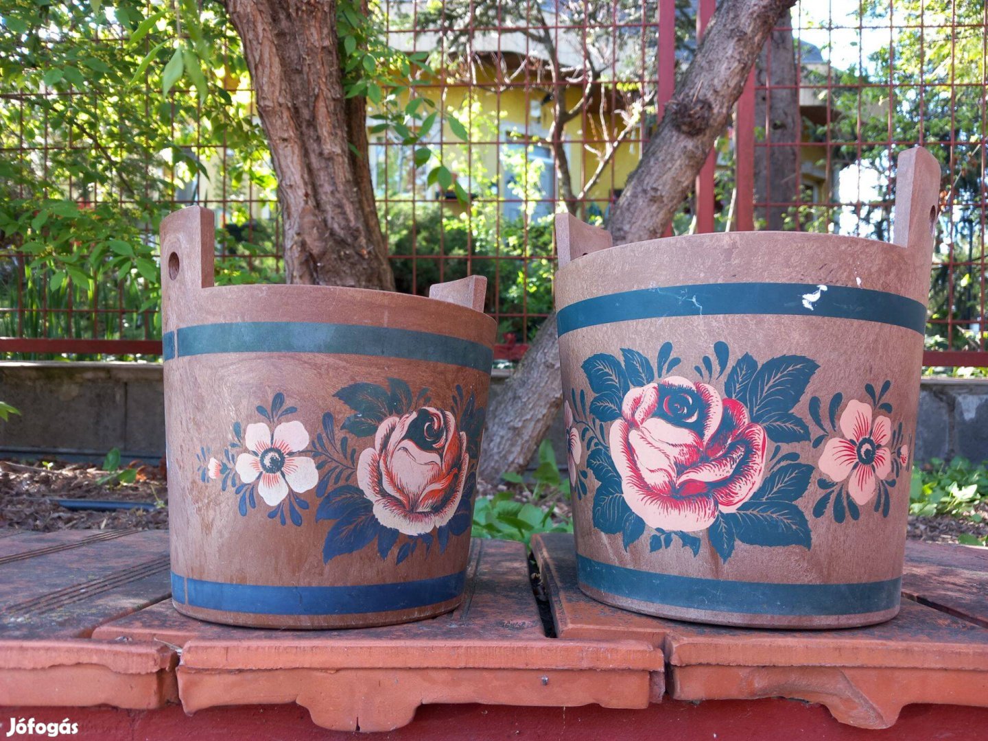 Régi kézi festett masszív dázsa kaspó két méret egyedi db