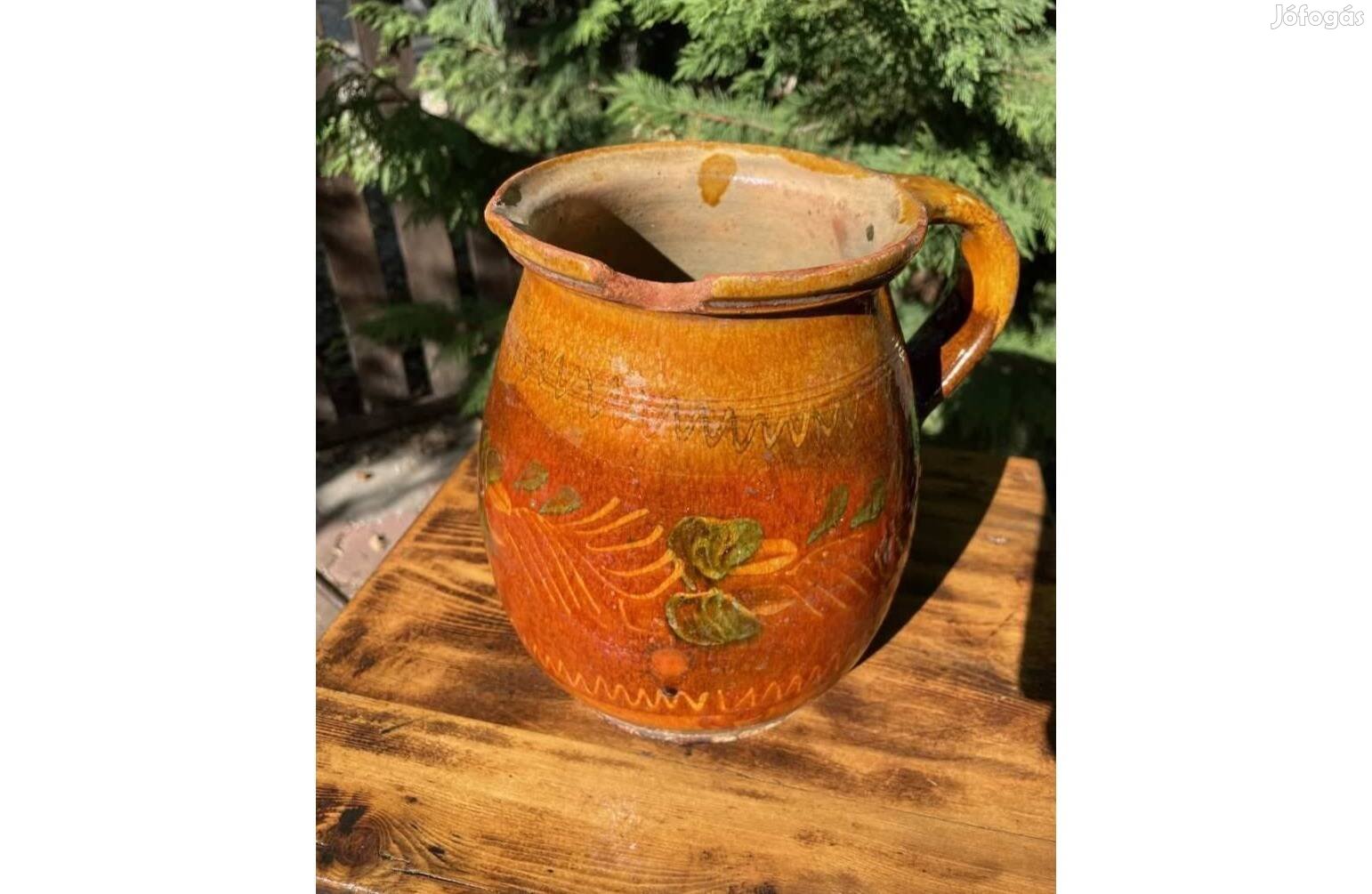Régi kézzel festett füles kerámia korsó kancsó népi