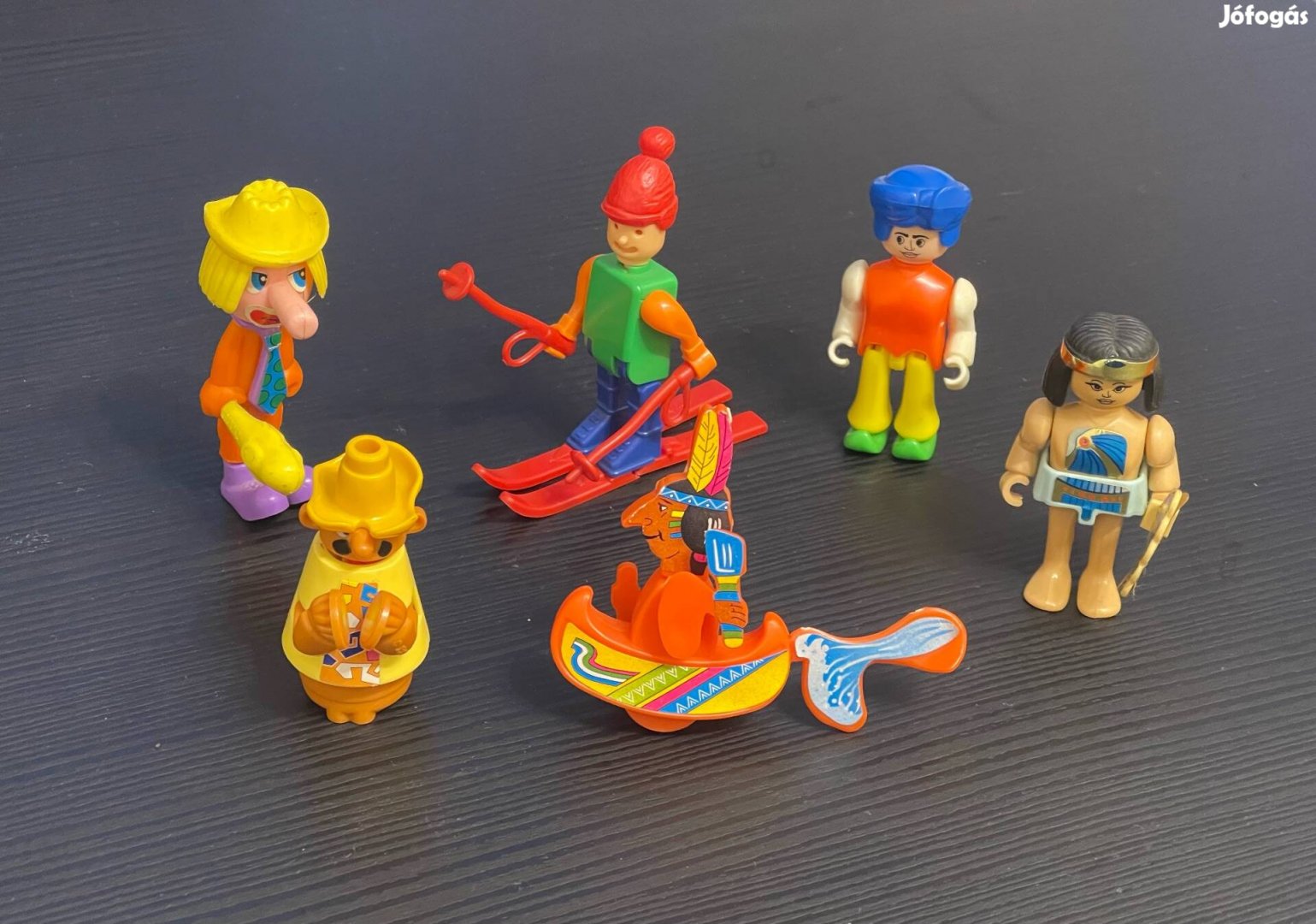 Régi kinder figurák: bohóc, egyiptomi emberke, síelő, indián, mexikói