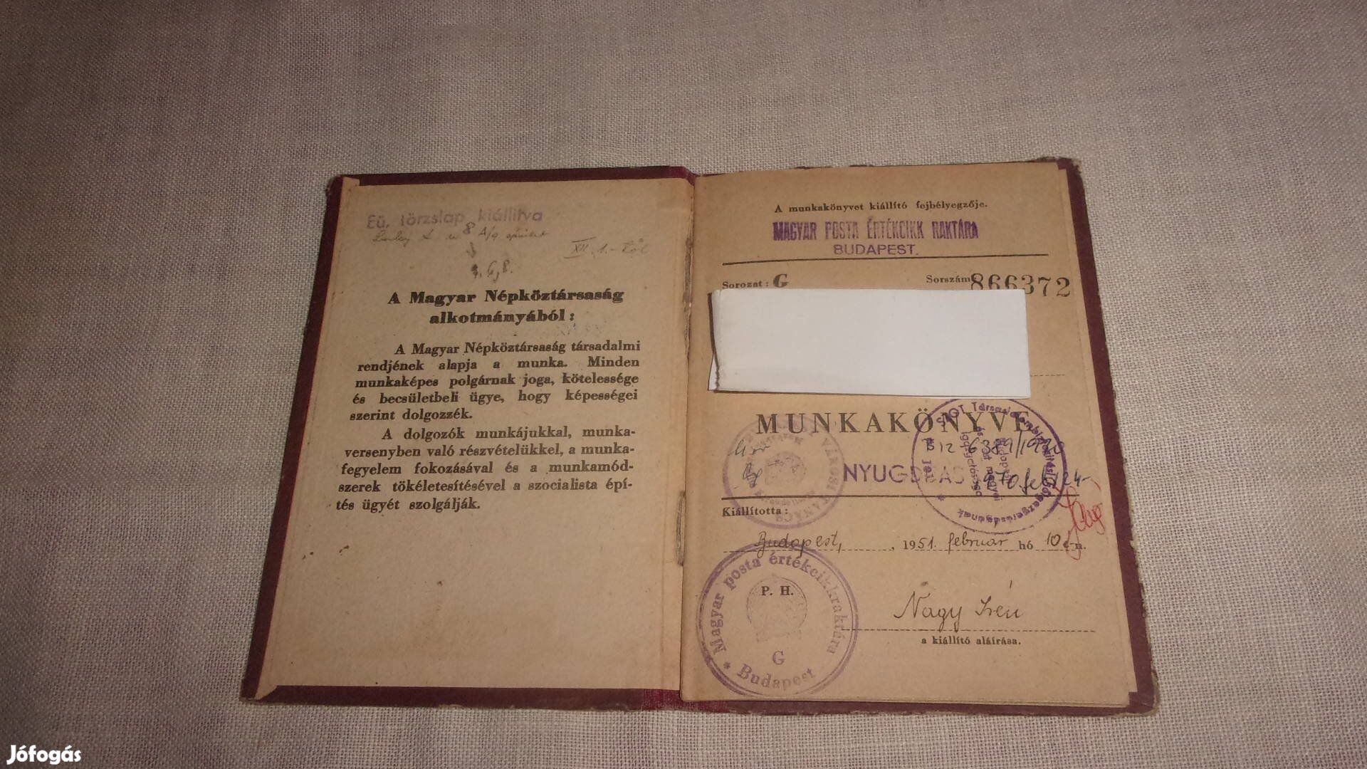 Régi munkakönyv 1951 évből