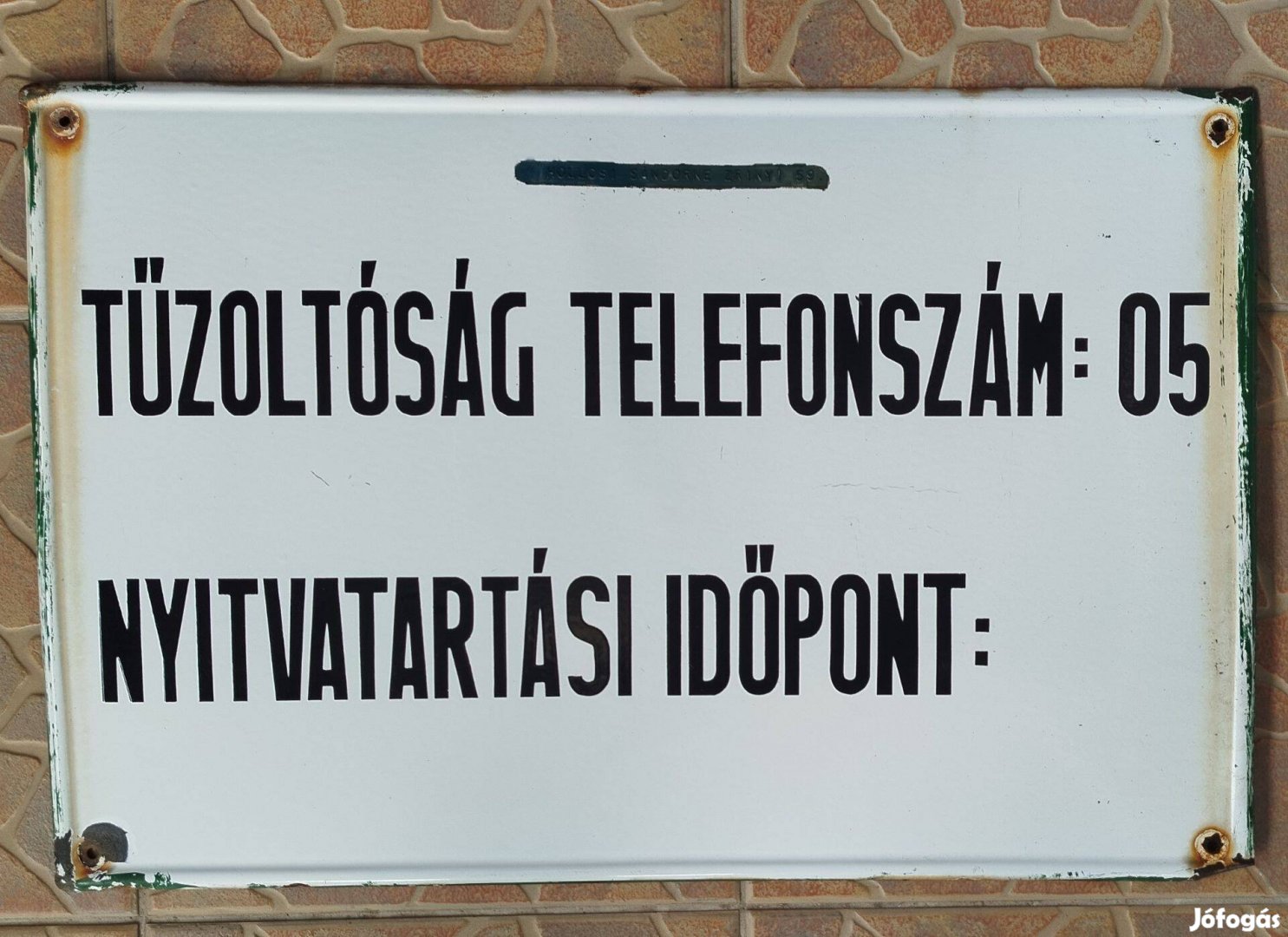 Régi nagyméretű zománctábla. Tűzoltóság Telefonszáma:05