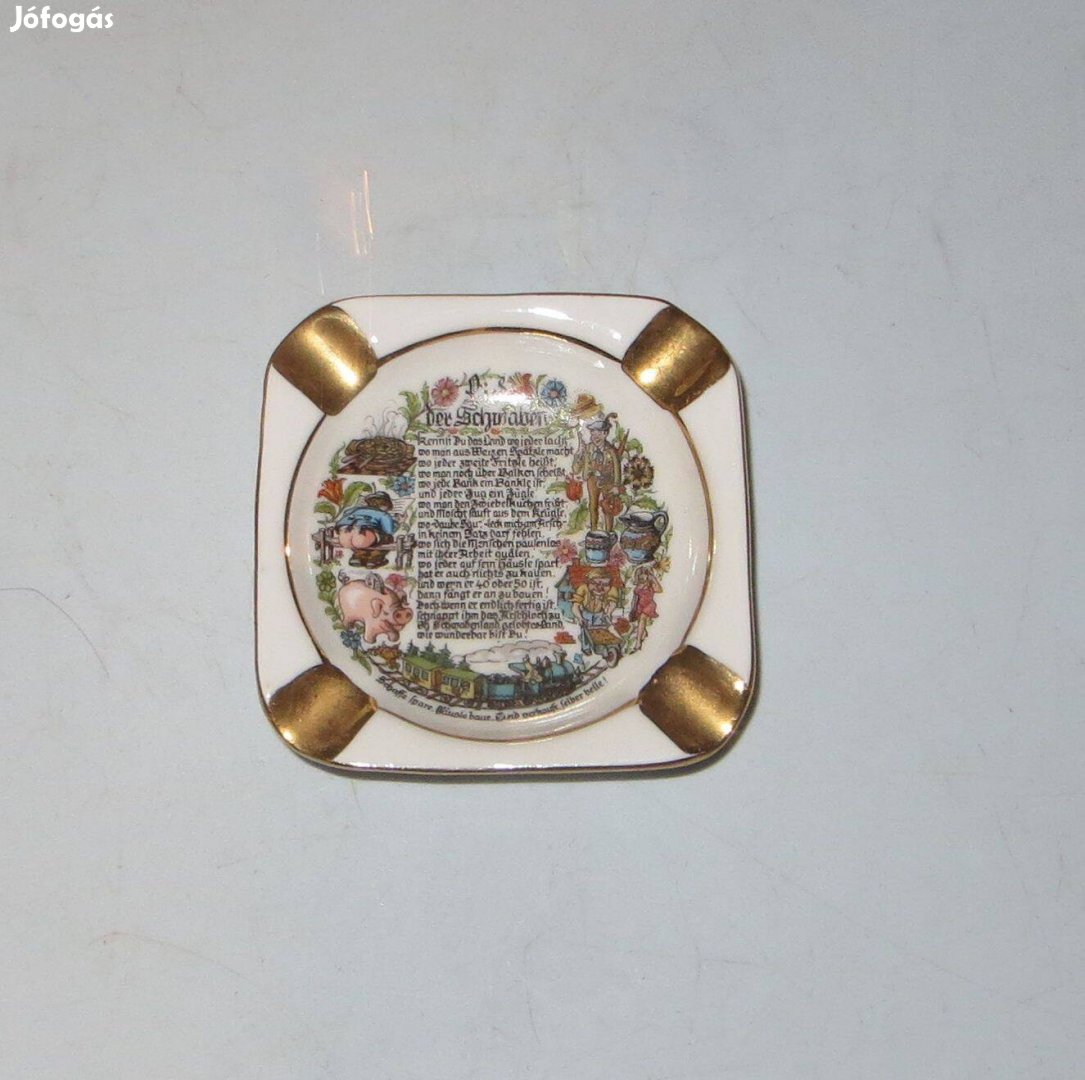 Régi négyzet alakú, arany szegélyű porcelán hamutartó