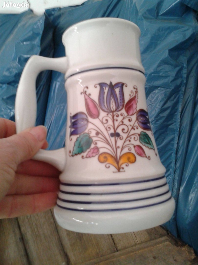 Régi porcelán habán mintás sörös korsó Alföldi