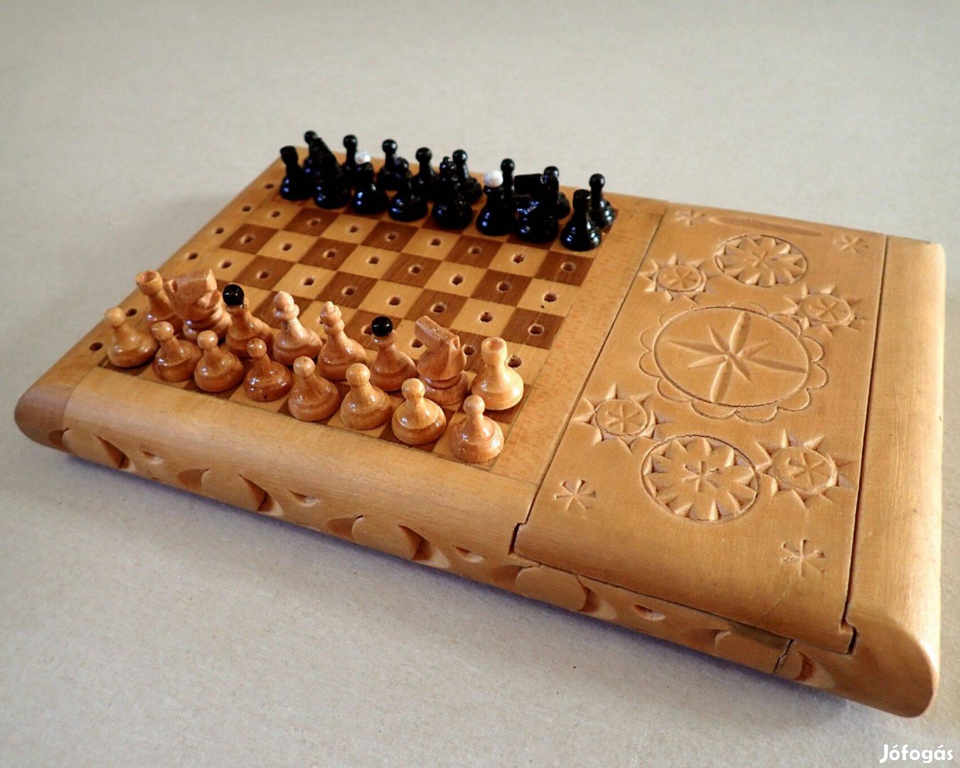 Régi retró egyedi faragott utazó mini fa sakk készlet malom játék