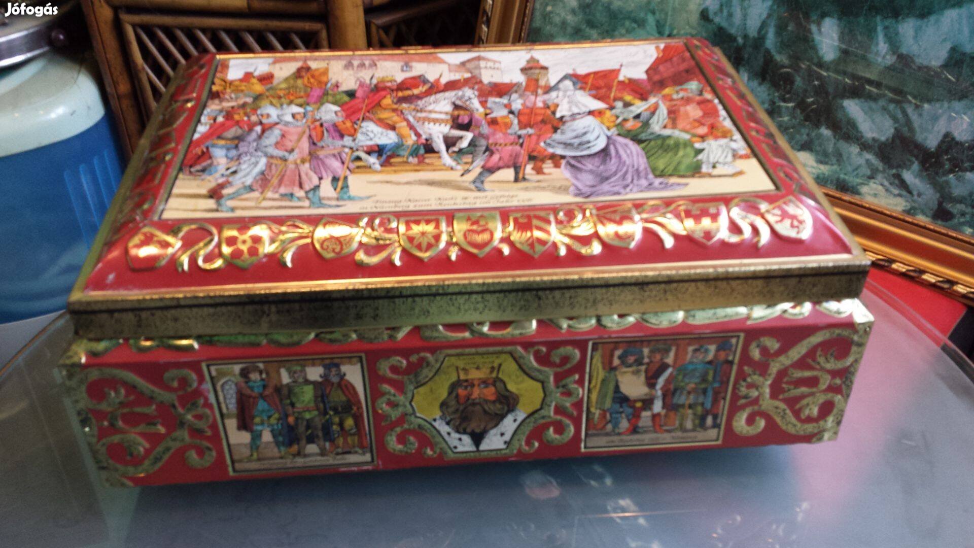 Régi retro mézeskalácsos süteményes bádog fém doboz széles