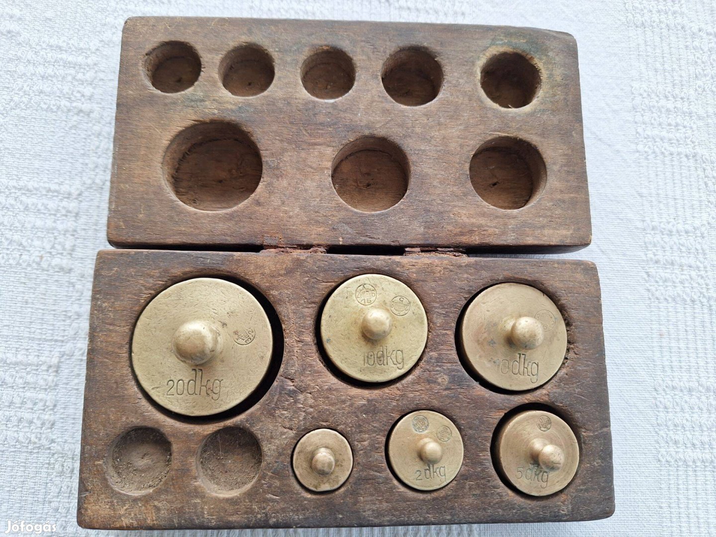 Régi réz mérleg súlyok saját fa dobozban 4500 Ft