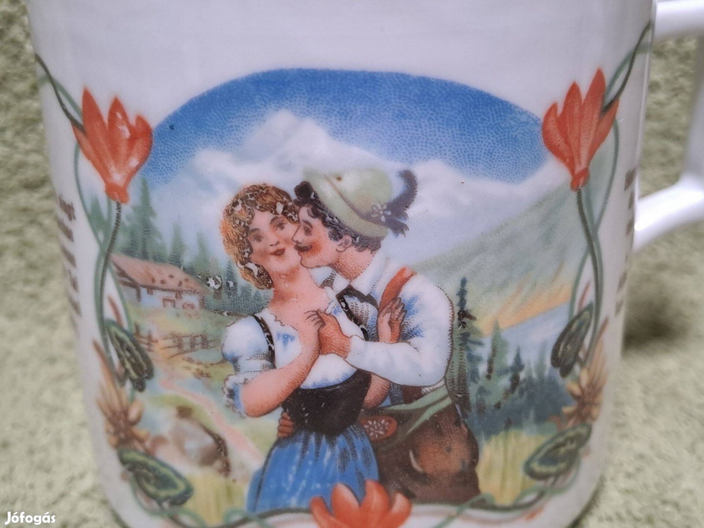 Régi romantikus jelenetes porcelán bögre