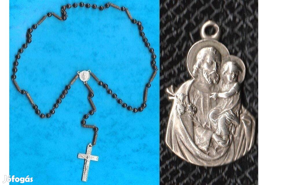 Régi rózsafüzér és vallási medál Szent József és a kis Jézus