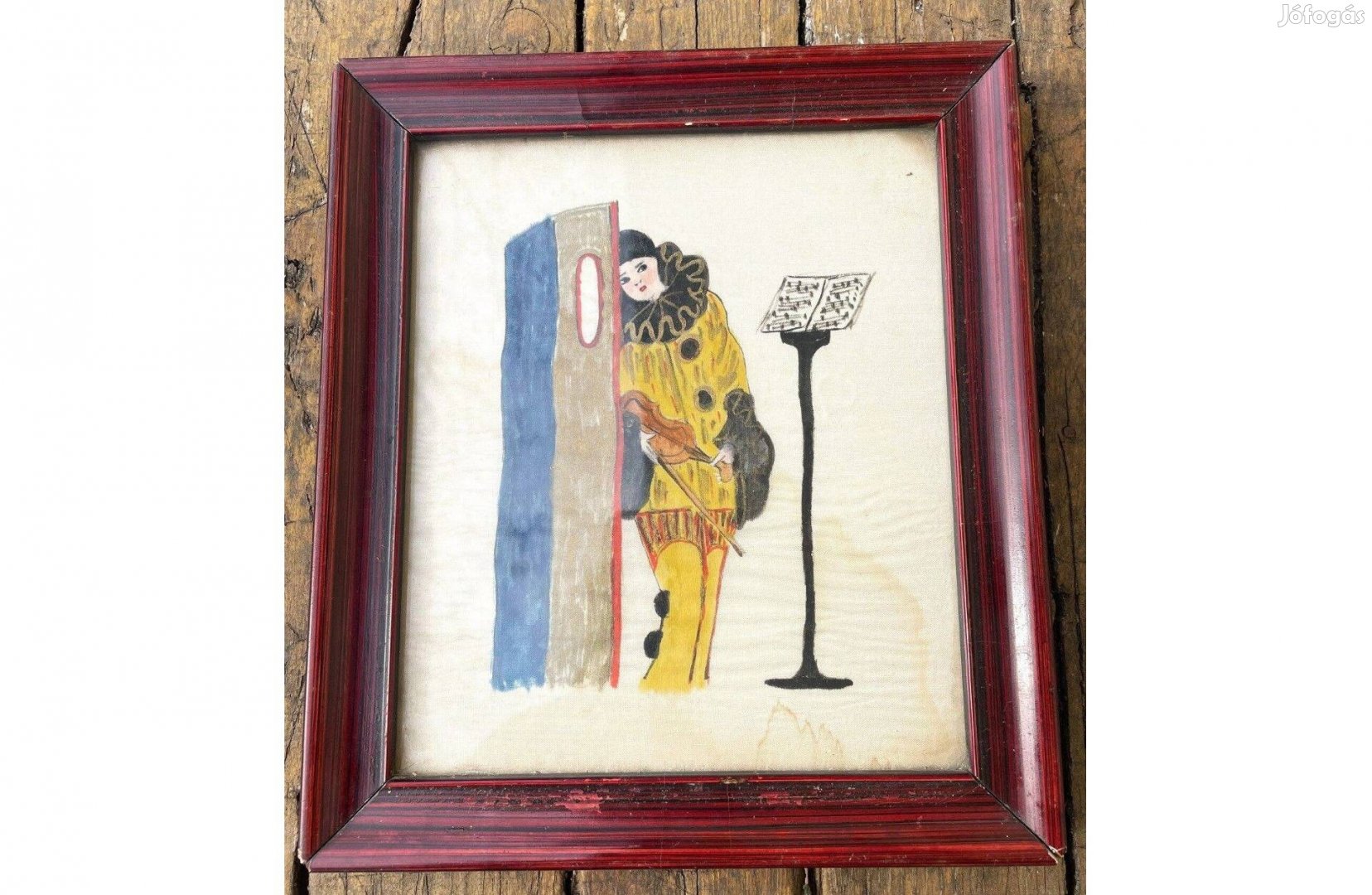 Régi selyemre festett kis kép Harlekin festmény