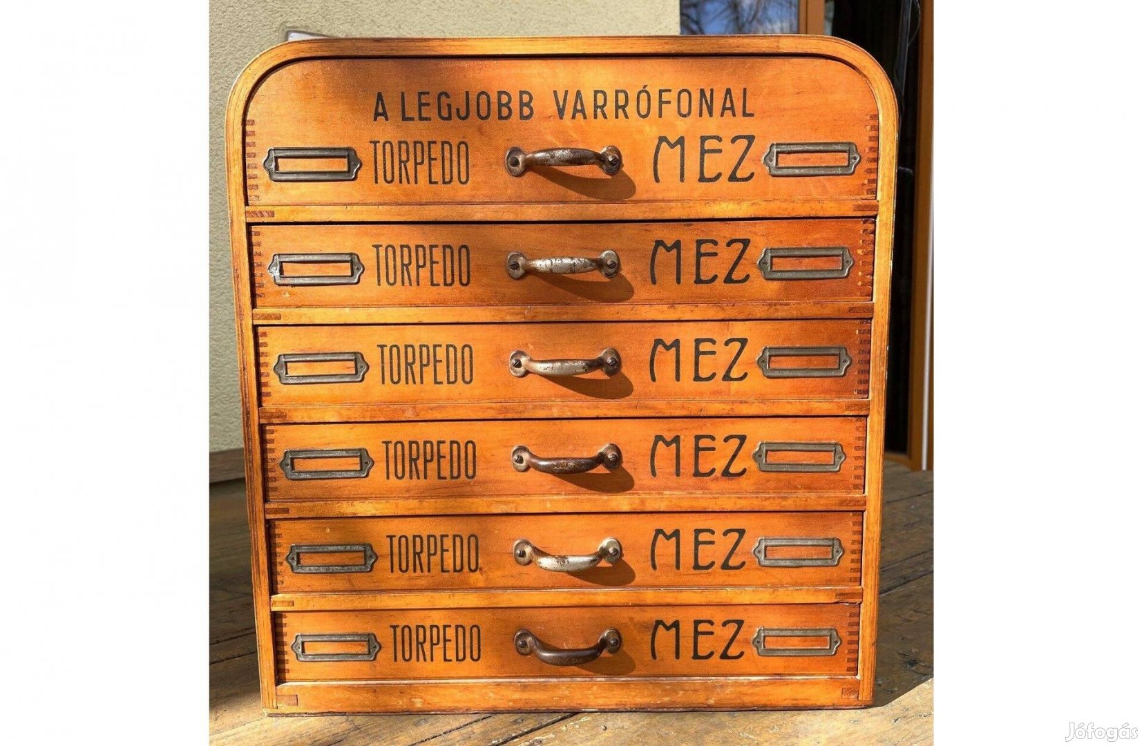 Régi szatócsbolti Mez Vater Torpedo antik varródoboz