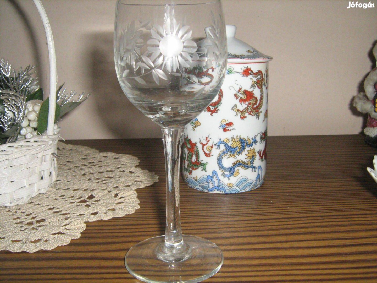 Régi talpas boros üveg pohárkészlet 6db csiszolt mintával