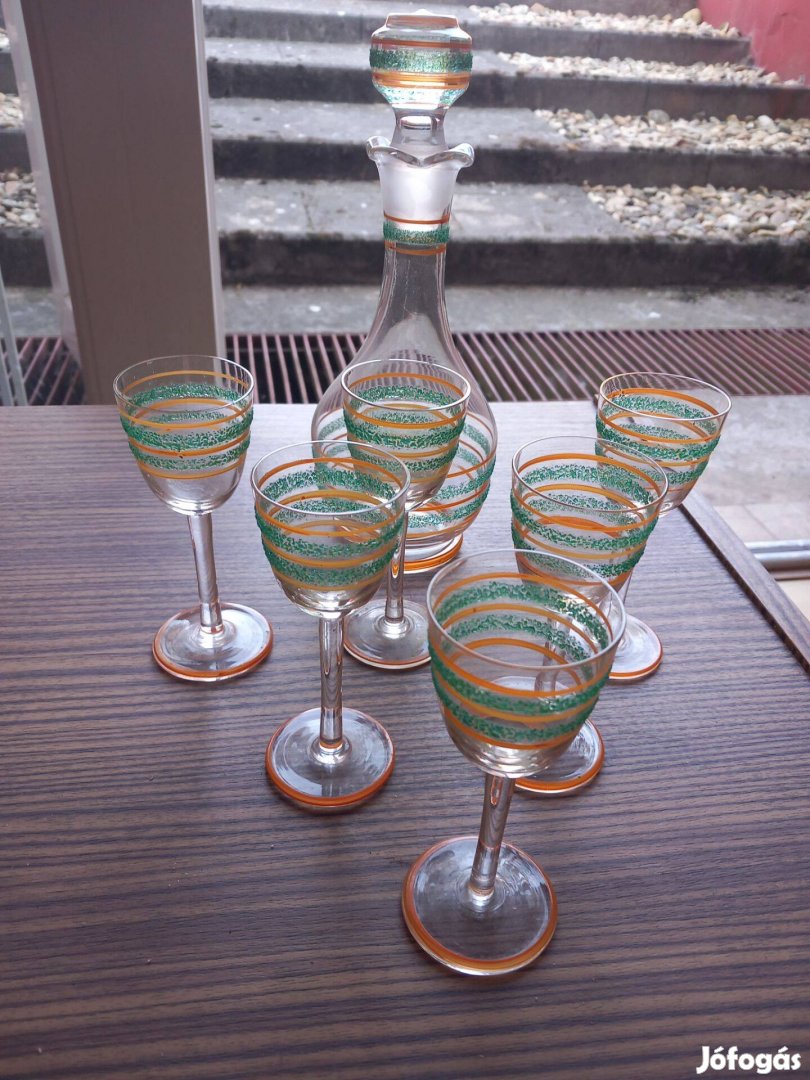 Régi üveg likőrös készlet 6 pohárral