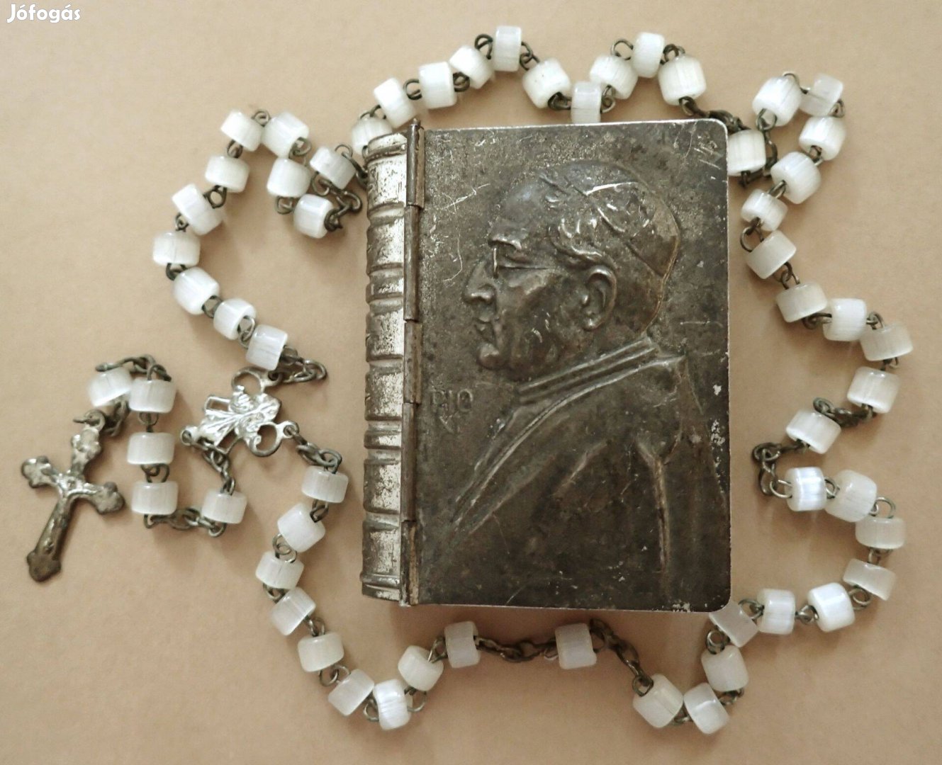 Régi vintage fém egyházi vallási rózsafüzér imafüzér imalánc doboz