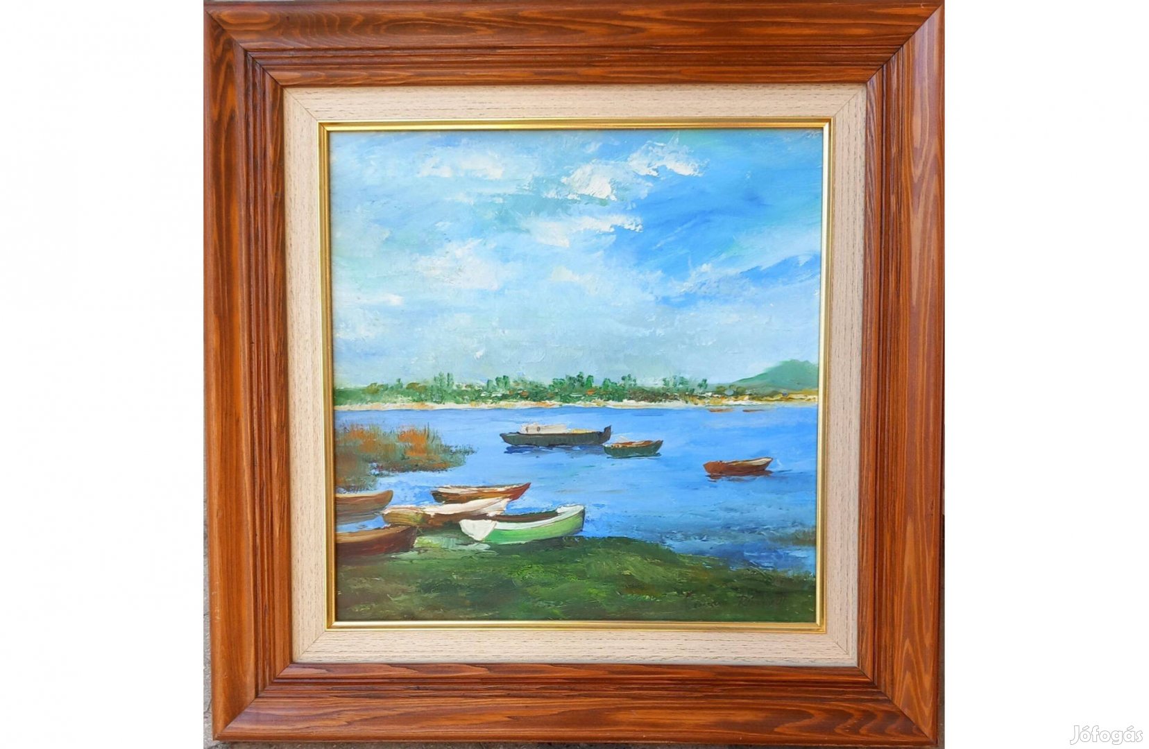 Reinhardt István: Pihenő csónakok, olaj, farost, 30x30 cm
