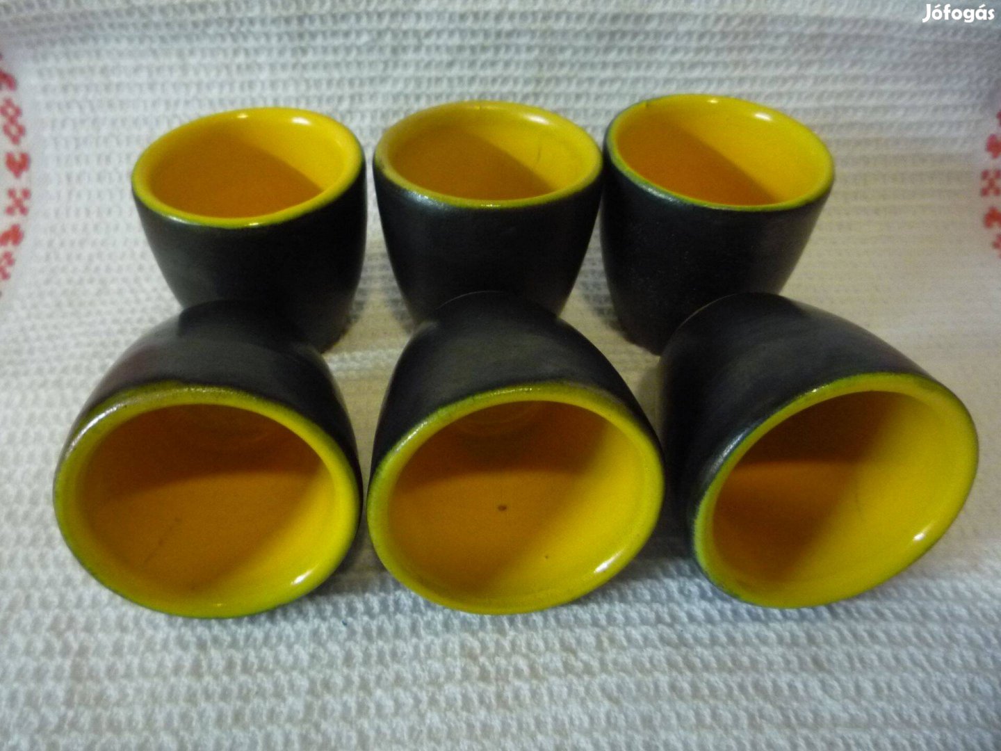 Retro 6 db Tófej kerámia barna sárga színű pálinkás pohár egyben