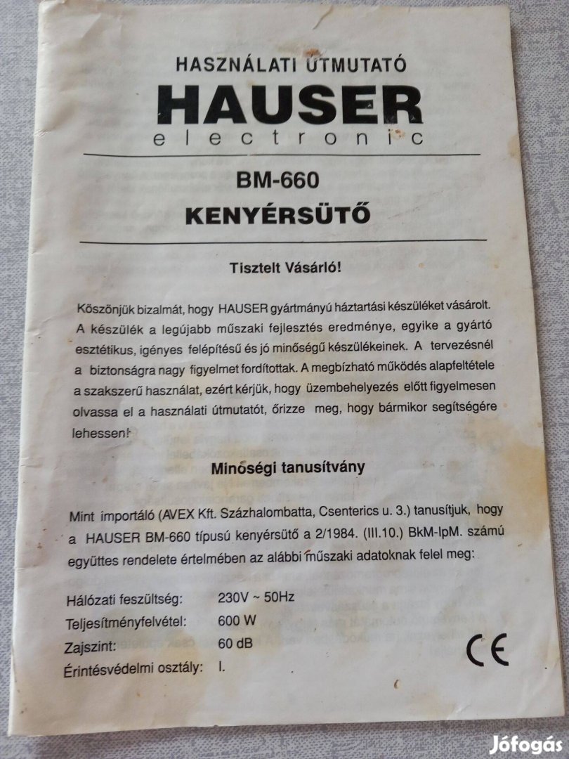 Retro Használati utasítás 2000 évek Hauser kenyérsütőhöz