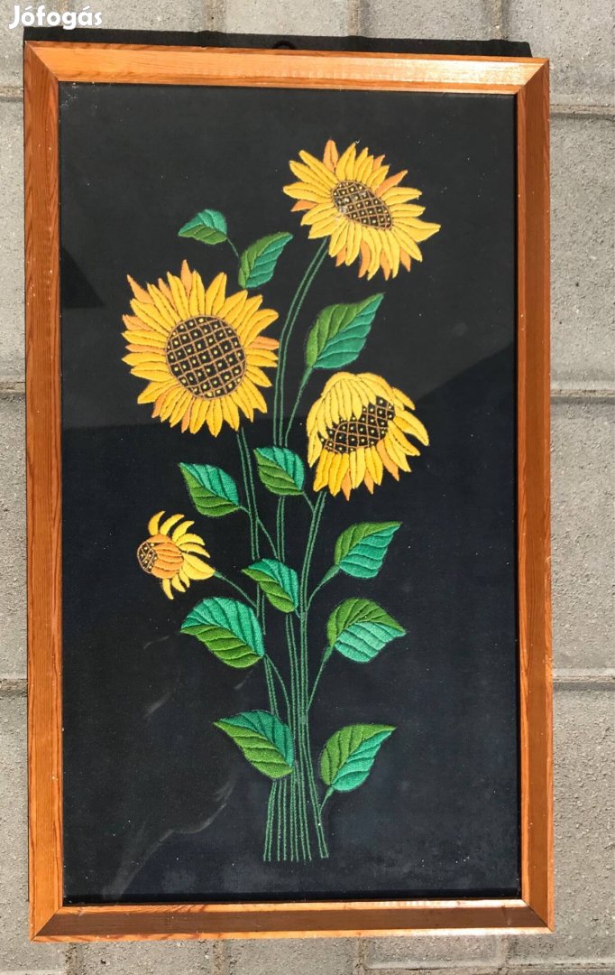 Retro Hímzett falikép napraforgó mintás fa keretben