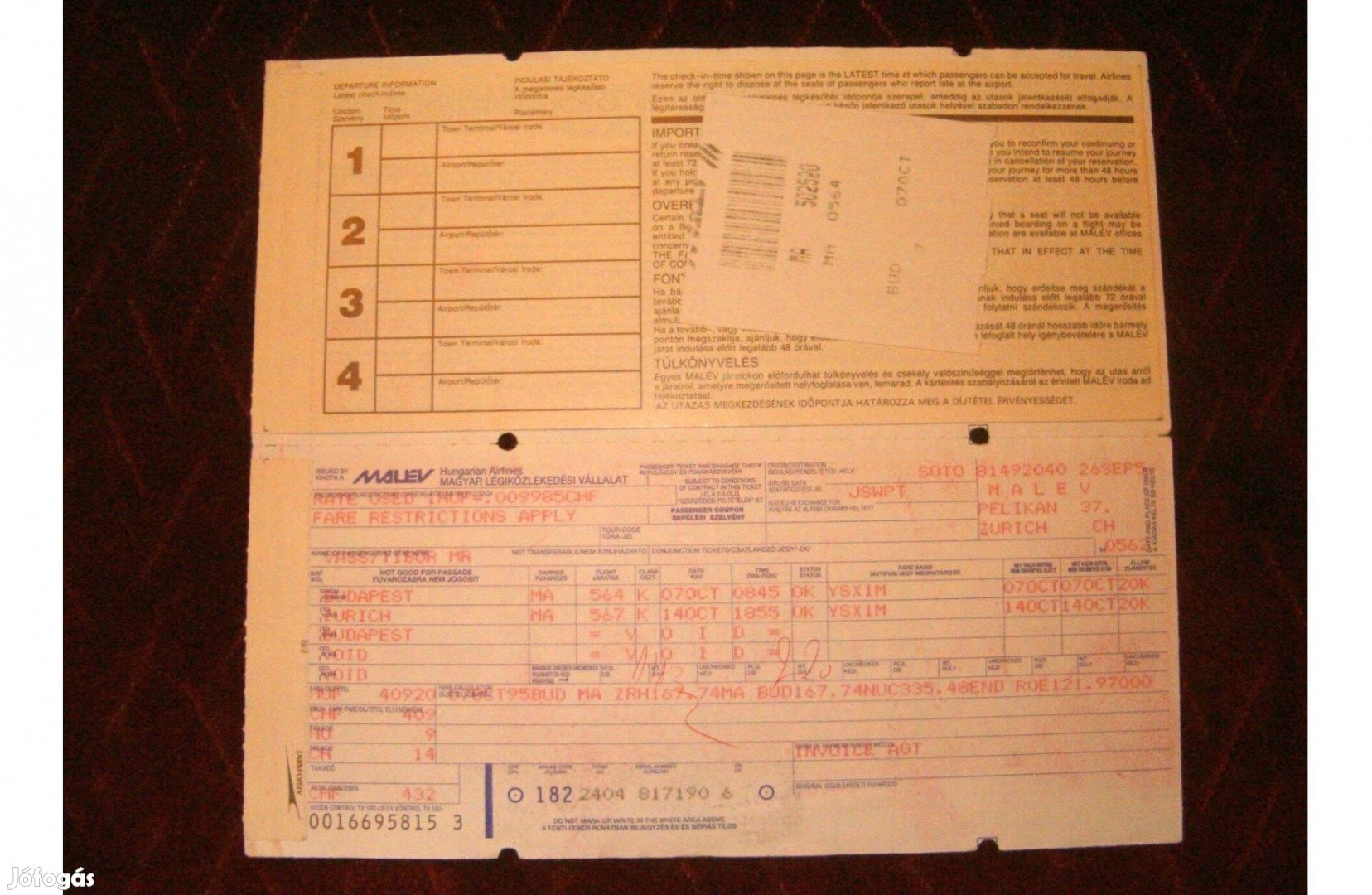 Retró MALÉV repülőjegy Bp-Zürich-Bp 1995