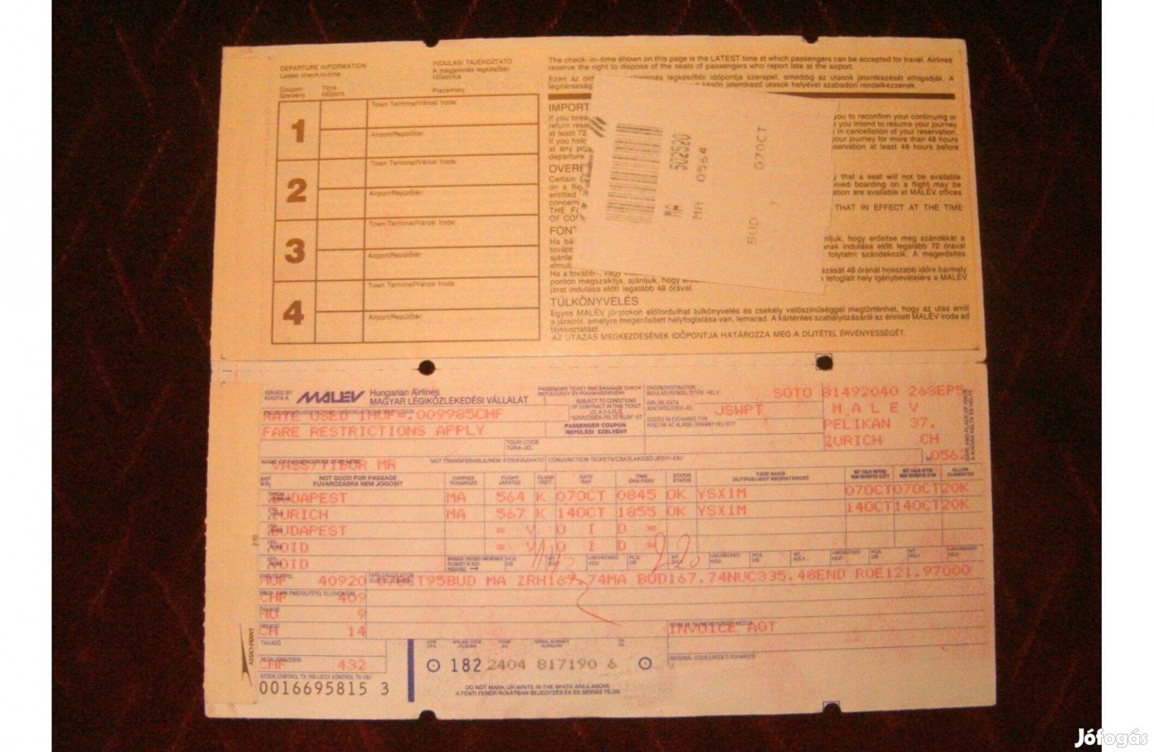 Retró MALÉV repülőjegy Bp-Zürich-Bp 1995