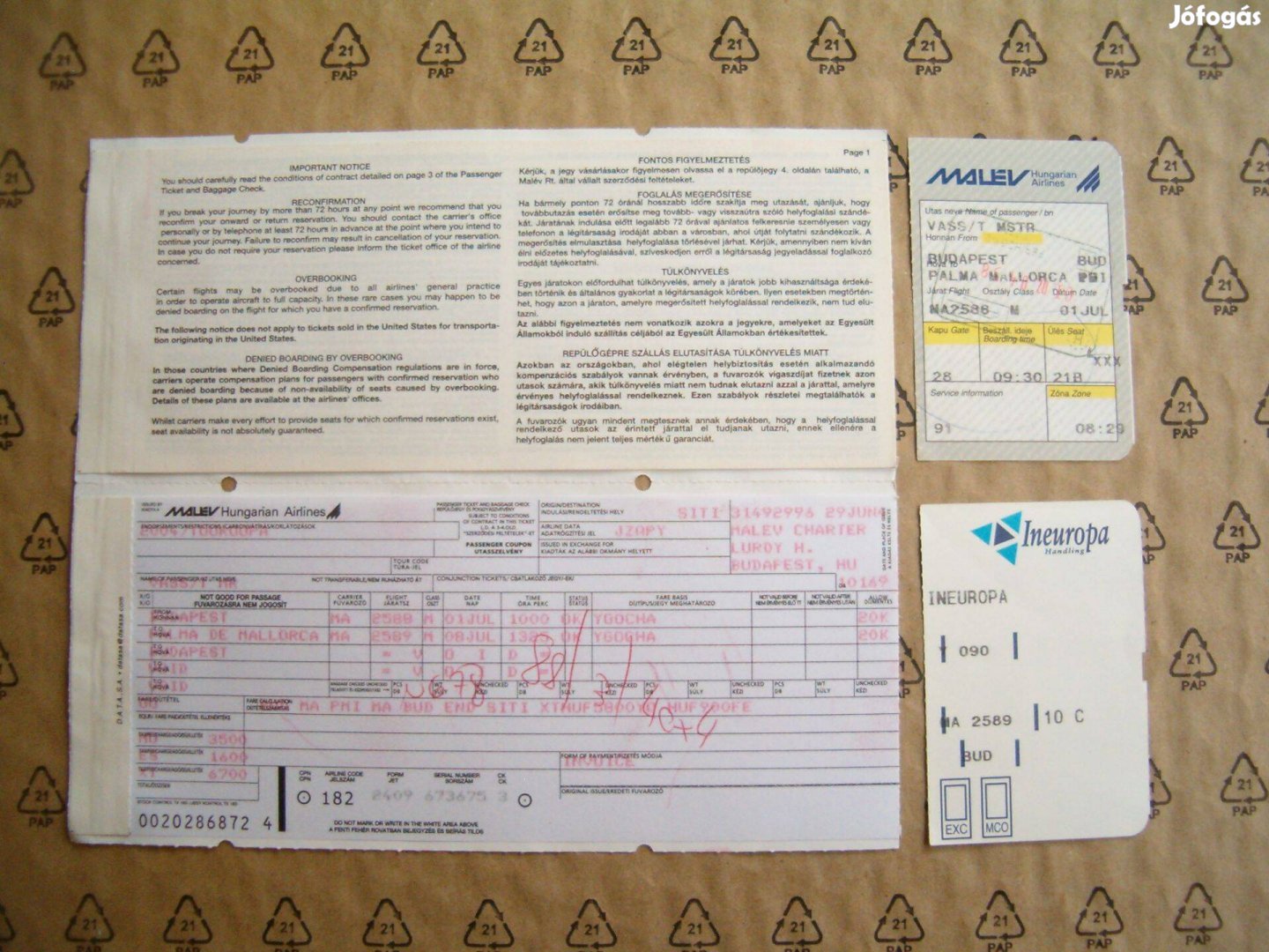 Retró MALÉV repülőjegy, beszálló kártya, 2004. július I