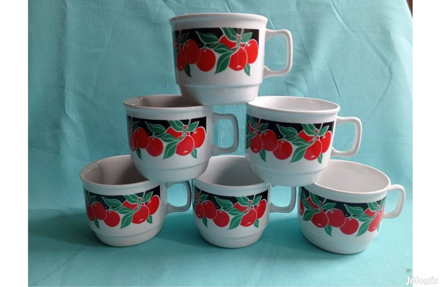 Retro Zsolnay porcelán gyümölcs mintás kakaós bögre szett 6 db